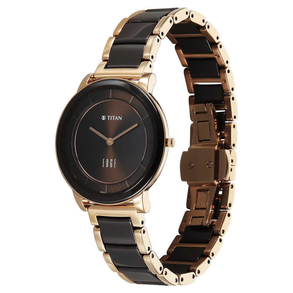 Titan Edge Purple Superheads Quartz Analog Brown Dial Rose Gold Steel And Ceramic Strap Watch For Women